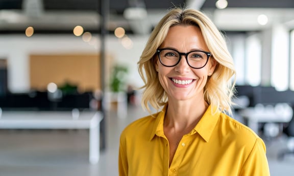 Frau mit blonder schulterlanger Frisur, Brille und gelber Bluse steht lächelnd in einem modernen, hellen Büro – symbolisiert Offenheit und Professionalität im öffentlichen Dienst.