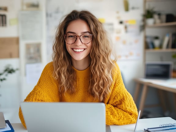 Recruiterin im gelben Pullover am Laptop freut sich