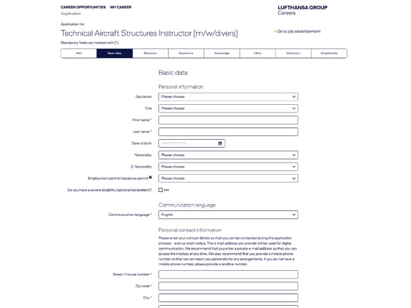 Reference Lufthansa data mask for applications